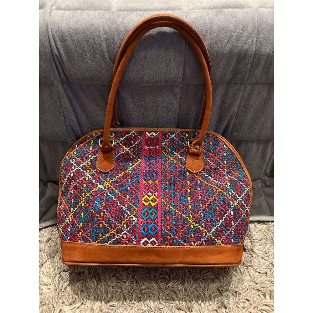 Artisan Handwoven Multicolor Brown Shoulder Bag with Suede Leather Trim - Picture 2 of 16